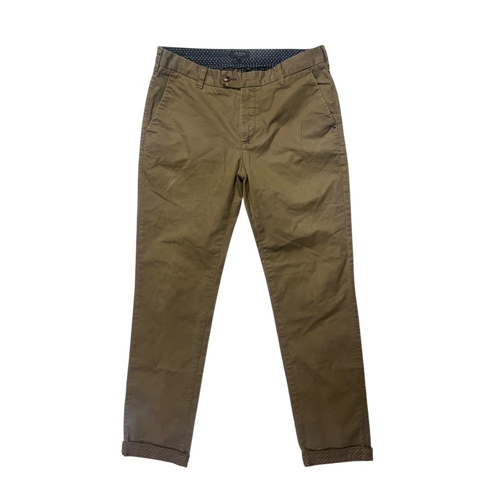 Ted Baker London Mens Slim Chino Pants Khaki Brown Size 32R Printed Cuff Detail